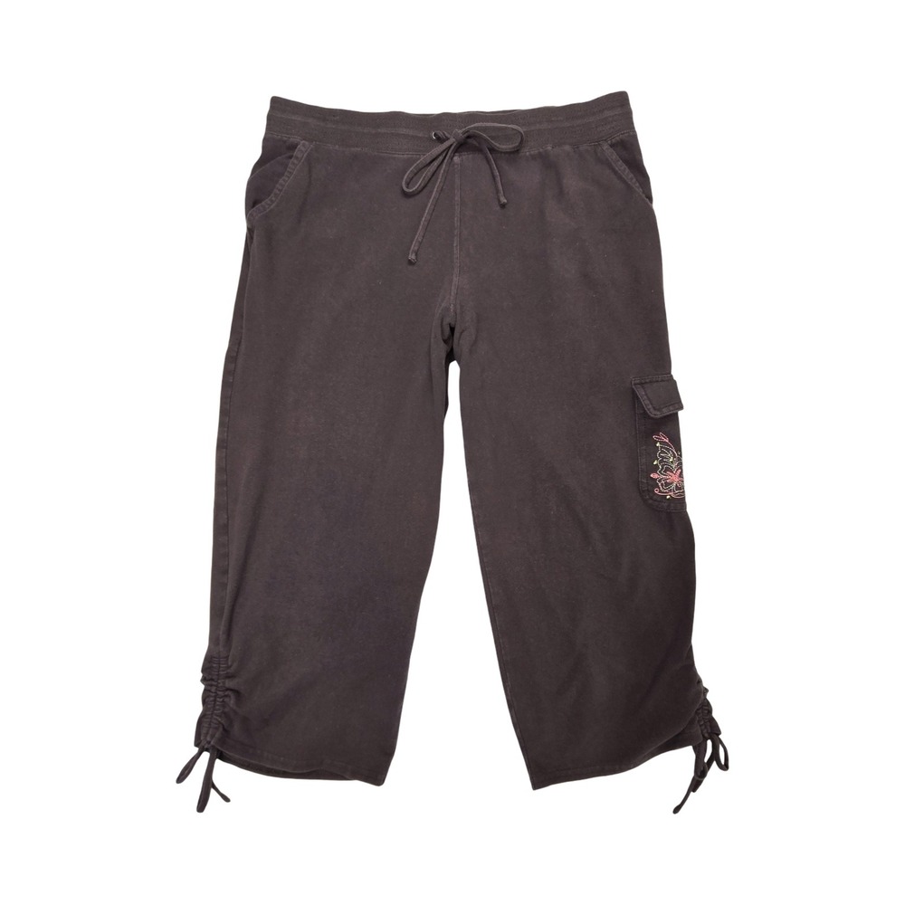 Basic Editions Brown Capri Cargo Pants L Embroidered Ruched Hem Cotton Y2K 2010s
